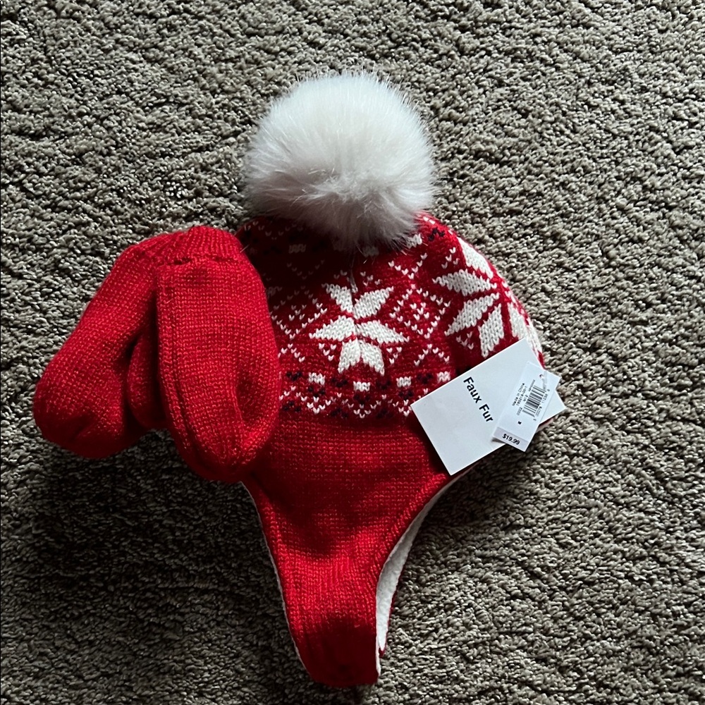 Old Navy Red and White Kids Winter Hat with Mittens